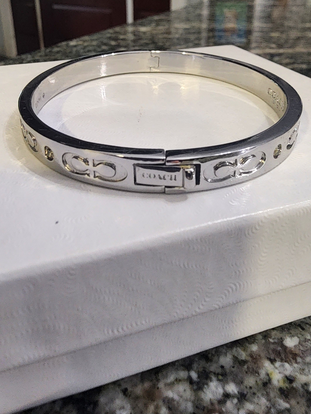 Coach Silver Signature Hinged Bangle Bracelet With Crystals